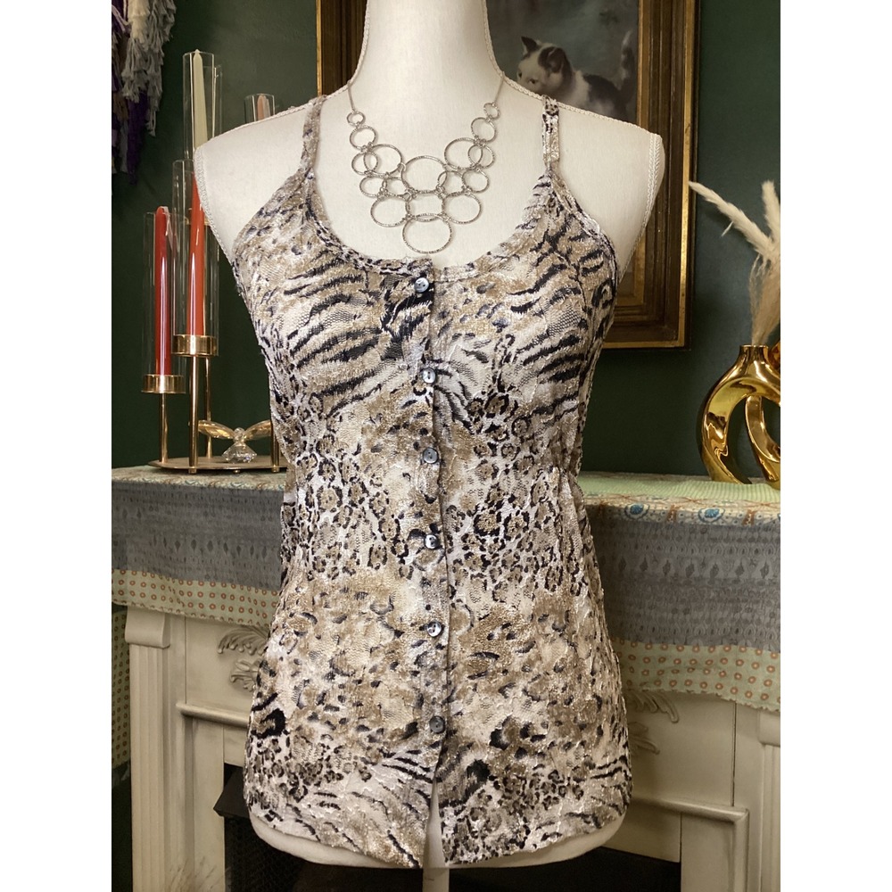 BKE Womens Small Animal Print Lace Overlay Button Front Racerback Tank Top Tan